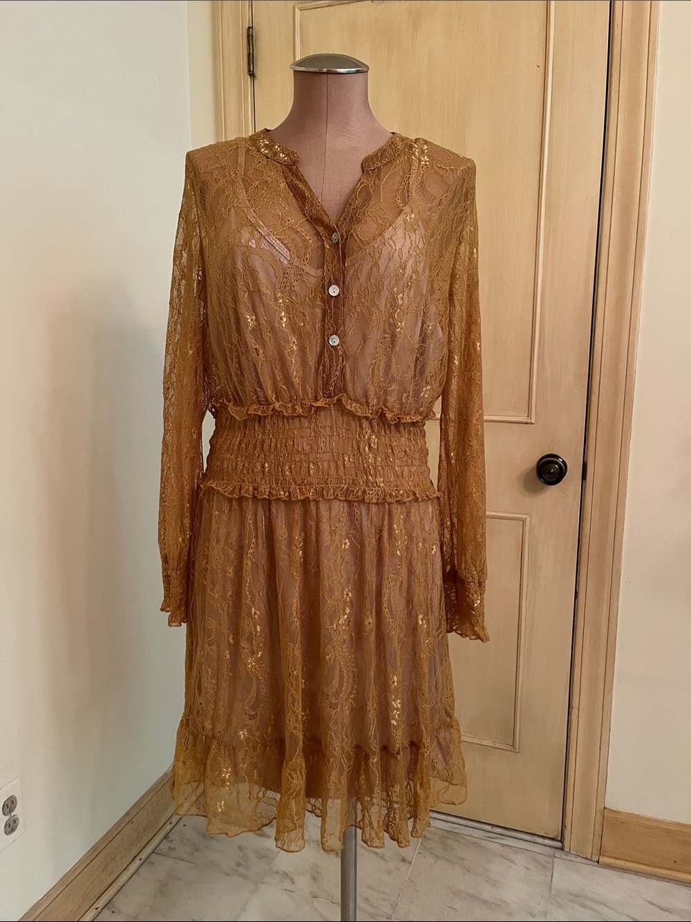 FIG AND FLOWER Party Celebration Sheer Lace Gold-Brown Smocked Waist Dress XL